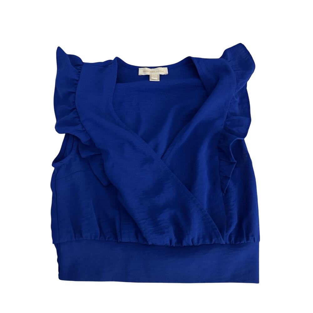Monteau Los Angeles Blue Sleeveless Ruffle Blouse V Neck Top Sz M